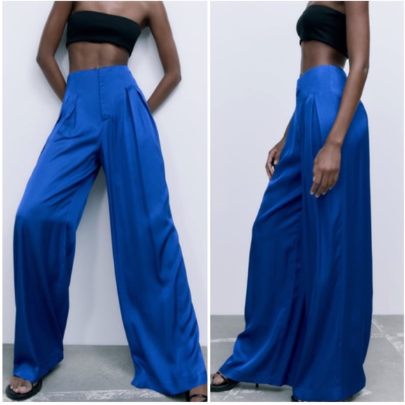 NWT Zara Full Length Satin Effect Wide Leg Trousers Pants - Picture 9 of 15